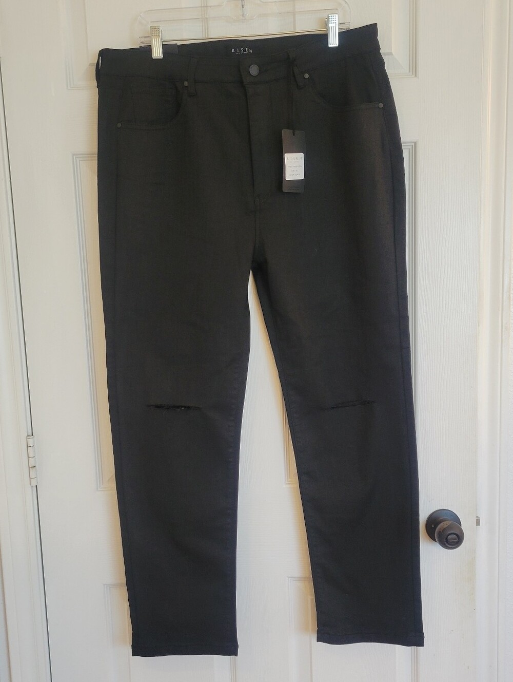 Risen Los Angeles Coated Twill Skinny Jeans Black with Distressed Knees